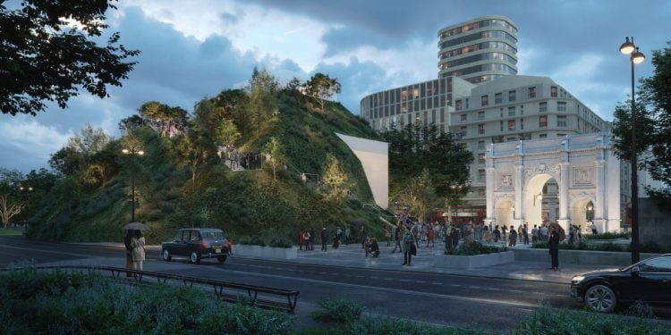 Watch London’s newest tourist attraction Marble Arch Hill being built